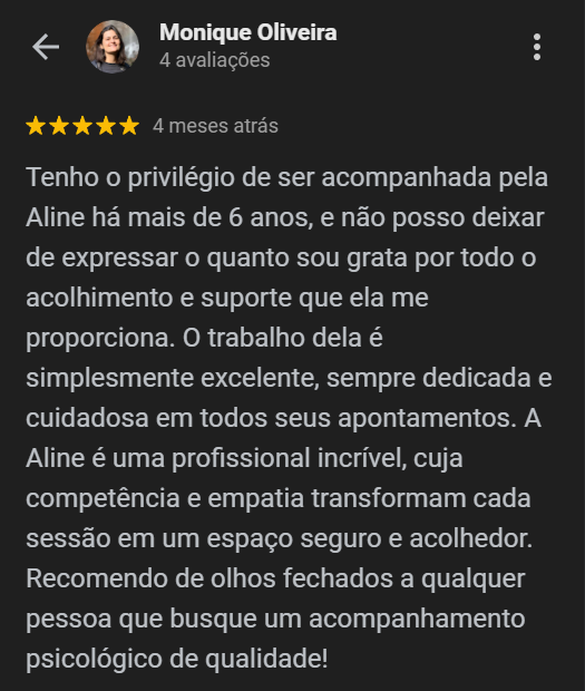 Depoimento de uma paciente acompanhada há mais de 6 anos, ressaltando a empatia, o suporte contínuo e a criação de um espaço seguro e acolhedor