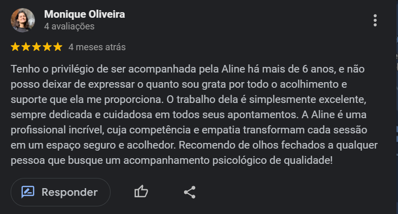 Depoimento de uma paciente acompanhada há mais de 6 anos, destacando a empatia, o suporte contínuo e a criação de um espaço seguro e acolhedor durante as sessões de terapia.