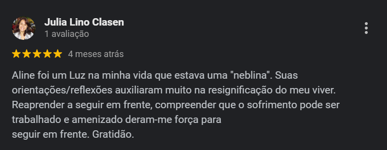 Captura de tela de um depoimento positivo sobre o atendimento psicológico, destacando melhora emocional e apoio recebido durante o processo terapêutico.