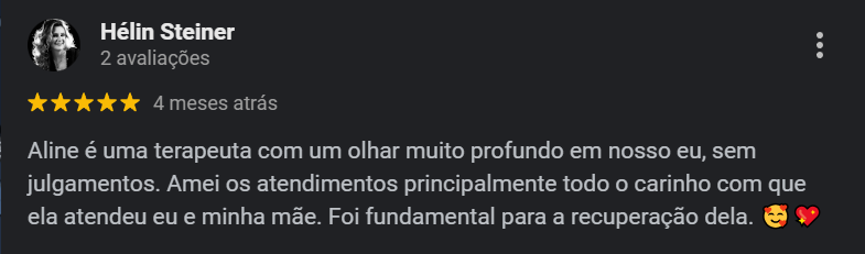 Depoimento de paciente sobre atendimento psicológico, destacando acolhimento e olhar terapêutico profundo.