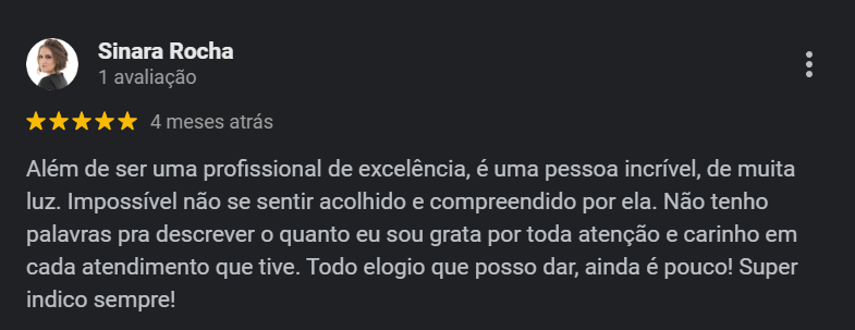 Depoimento de paciente sobre terapia, valorizando acolhimento, empatia e excelência profissional.