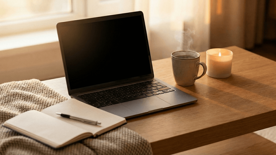 Cenário aconchegante sobre uma mesa de madeira com notebook de tela preta, caneca de chá fumegante, vela acesa e caderno aberto, ilustrando um ambiente preparado para uma sessão de terapia online com luz natural suave para mostrar um ambiente seguro para tratar de relacionamento tóxico