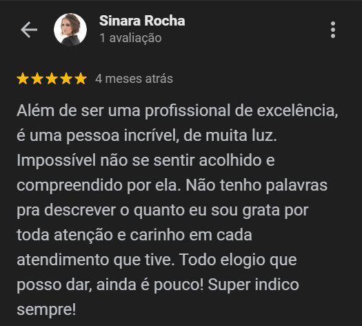 Relato mobile valorizando acolhimento, sensibilidade e qualidade do atendimento terapêutico.