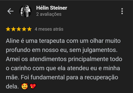 Depoimento mobile sobre sensibilidade terapêutica e cuidado no processo de atendimento.