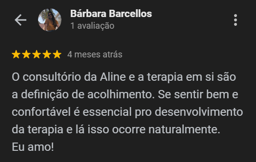 Depoimento mobile sobre ambiente acolhedor e sensação de conforto nas sessões.